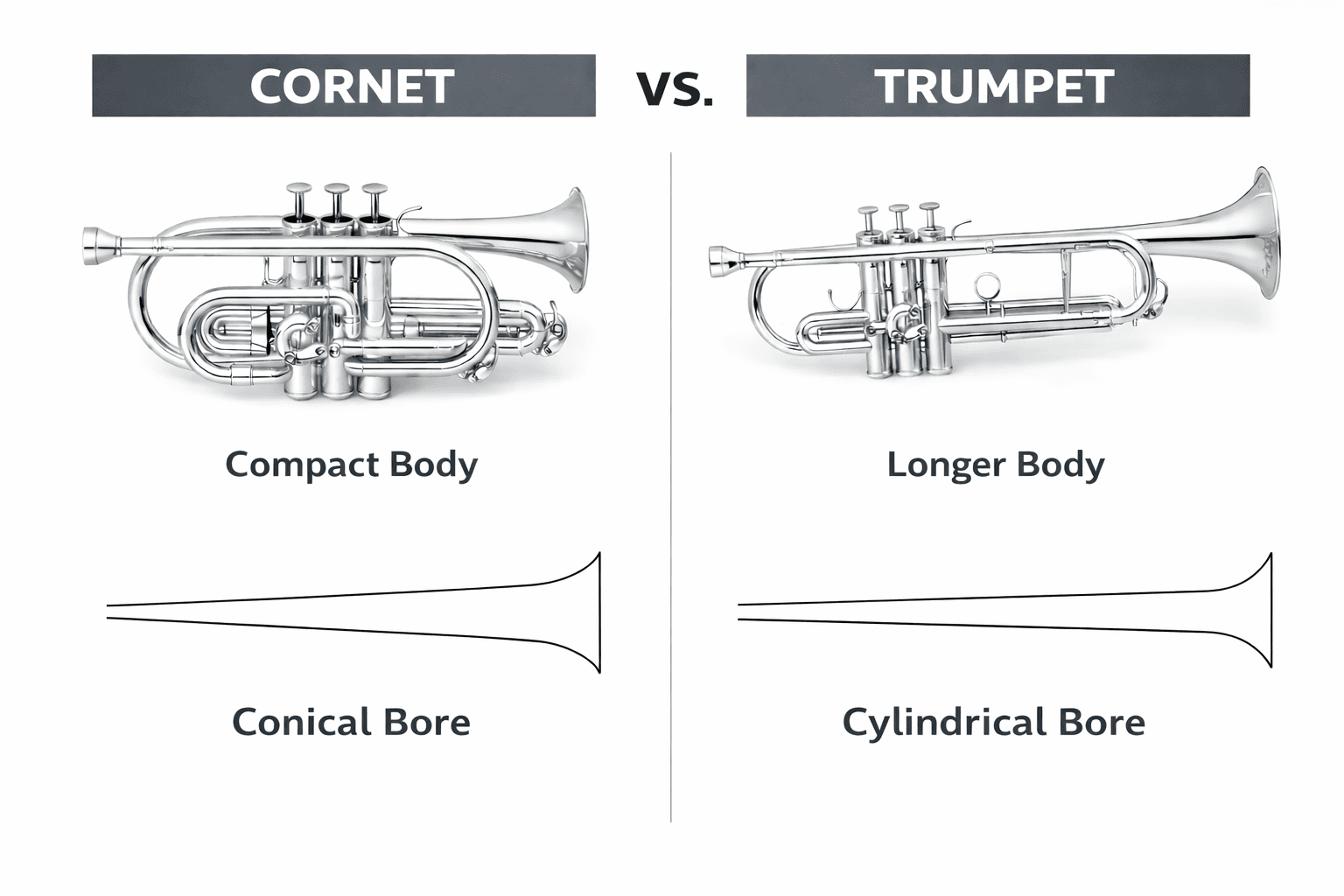 Comparison diagram of trumpet and cornet showing structural differences